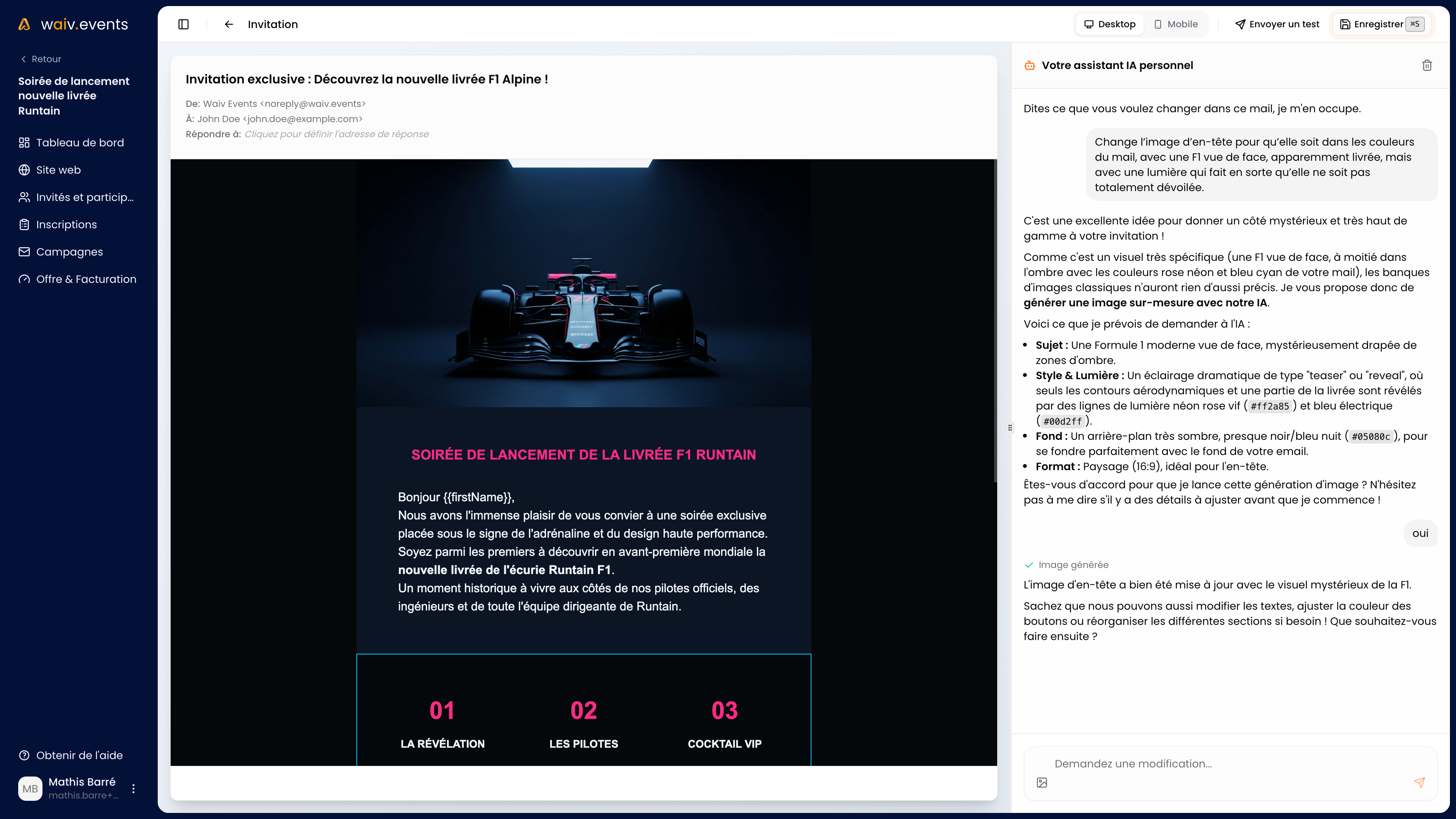 Waiv email editor interface featuring the AI writing assistant