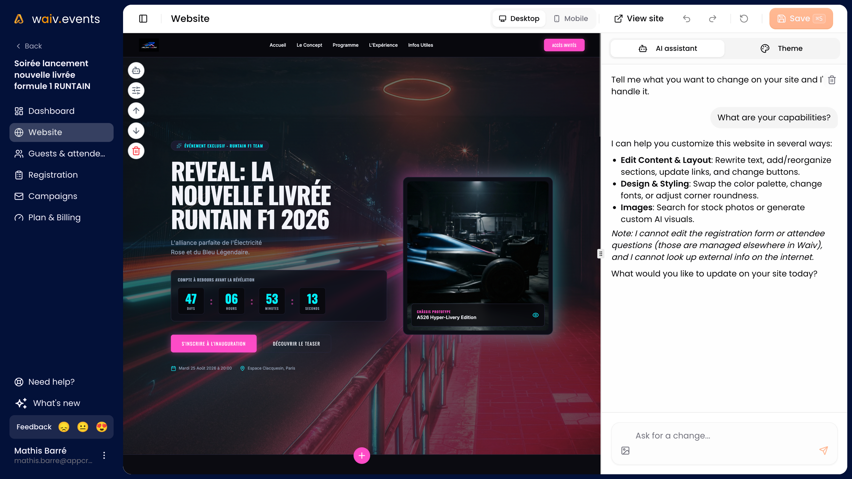 The Waiv website editor with the AI assistant open next to the site preview