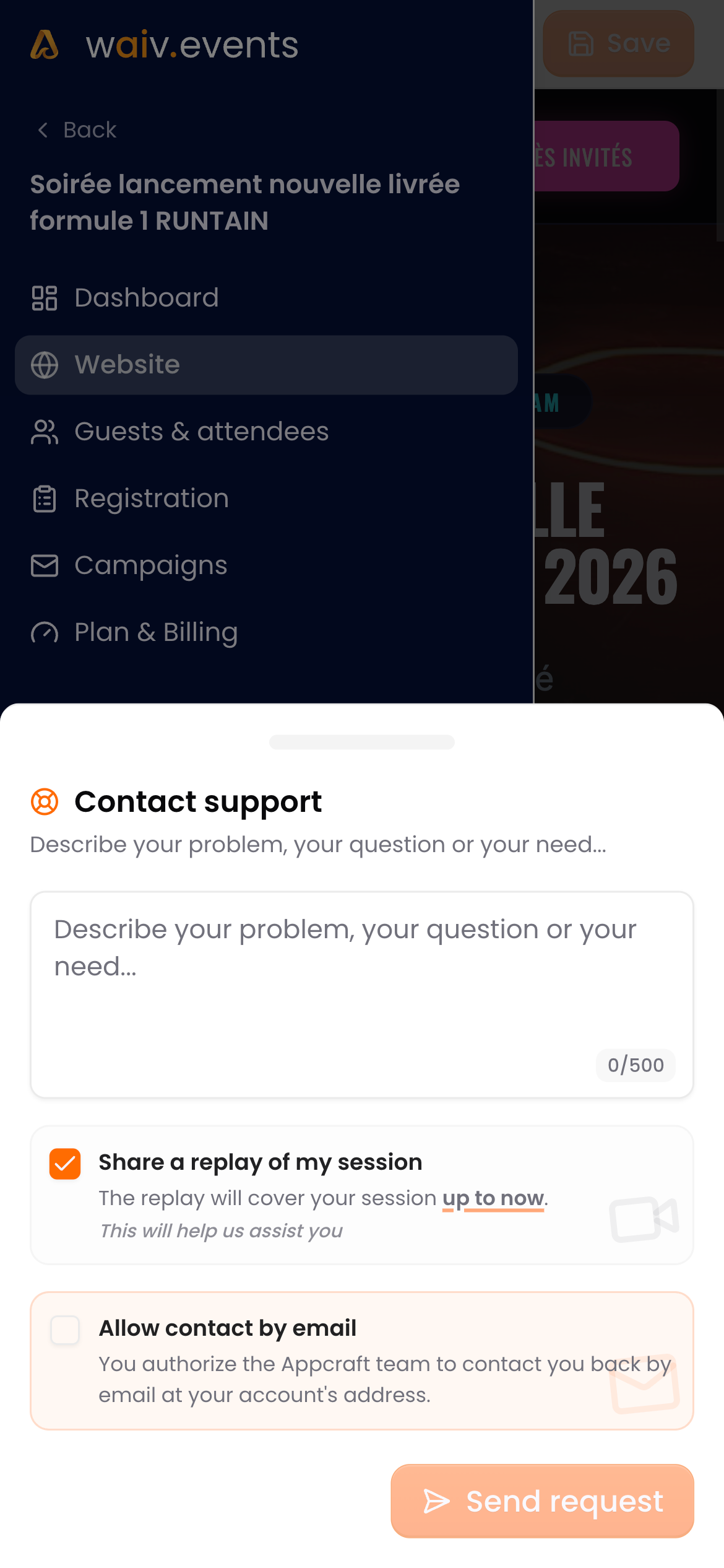 The contact support form with session replay sharing