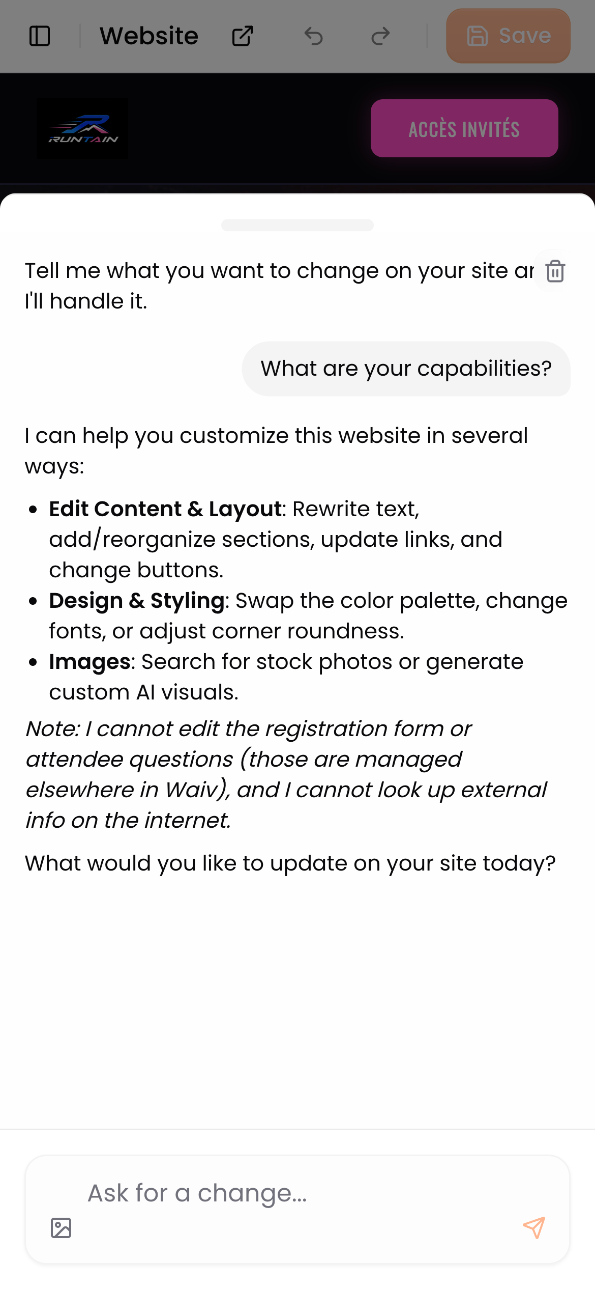 The website editor's AI assistant open in a drawer on mobile